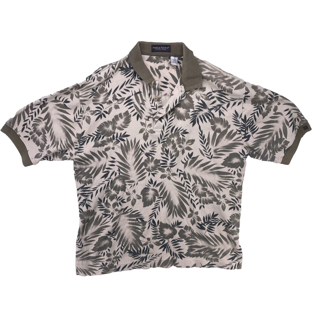 Page & Tuttle Mens XL Polo Shirt Short Sleeve Cotton Tropical Floral Palm Olive